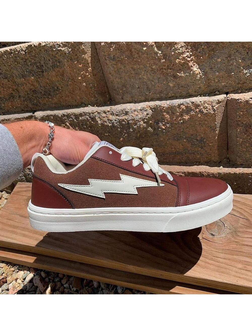 Y2k style Skater Streetwear Brown with White lightning bolt grey sneakers. Nice - Picture 6 of 8